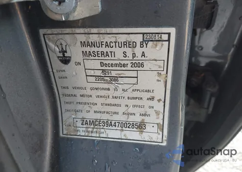 2007 Maserati Quattroporte Base Duoselect/Executive Duoselect/Sport Gt Duoselect z USA, uszkodzony, nr VIN ZAMCE39A470028563